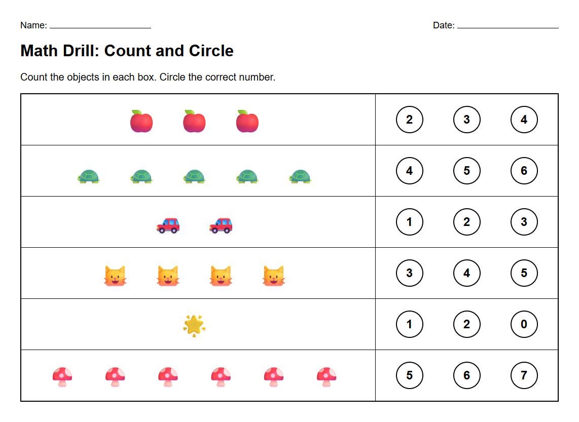 Number Recognition Counting Drill Worksheet