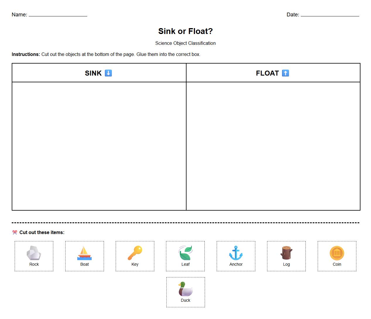 Object Classification and Sorting Worksheet Sink or Float