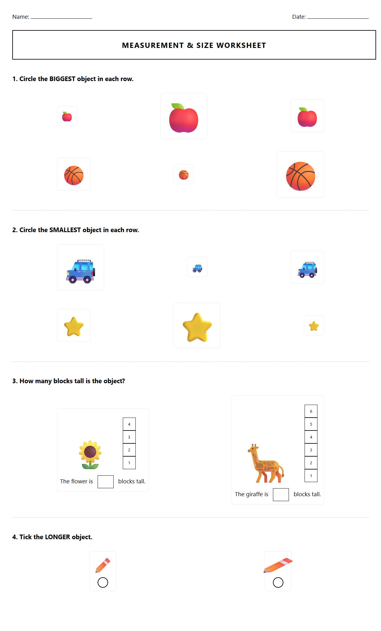 Object Measurement and Size Differentiation Worksheet