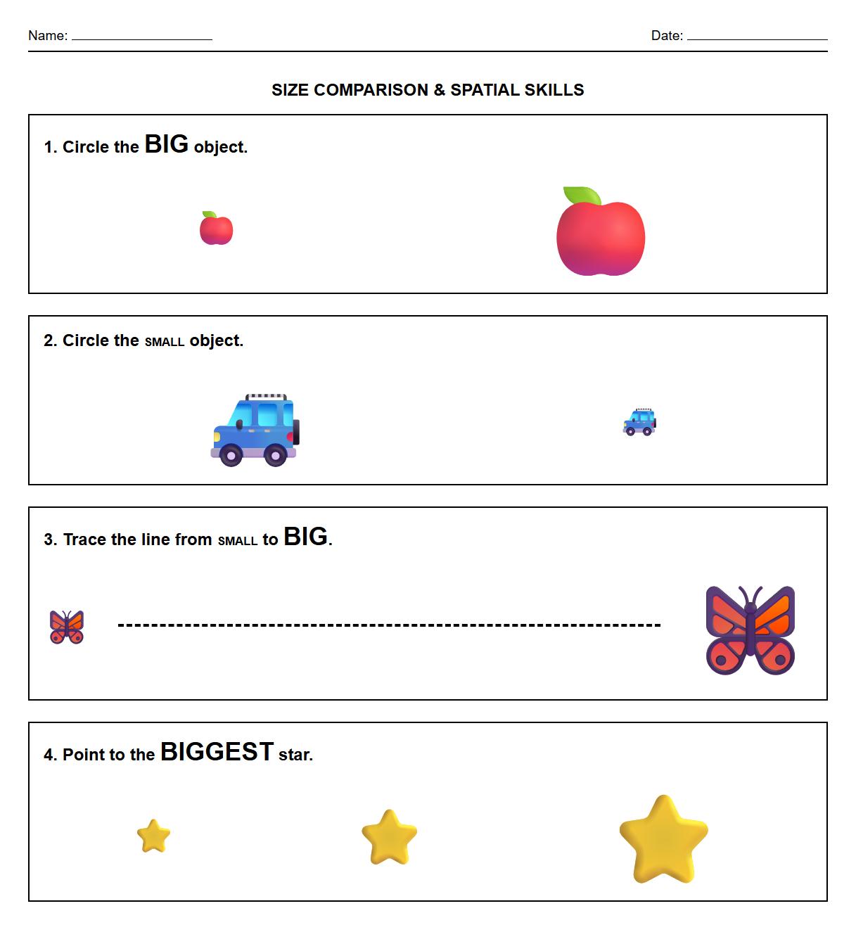 Object Size Comparison Spatial Worksheet