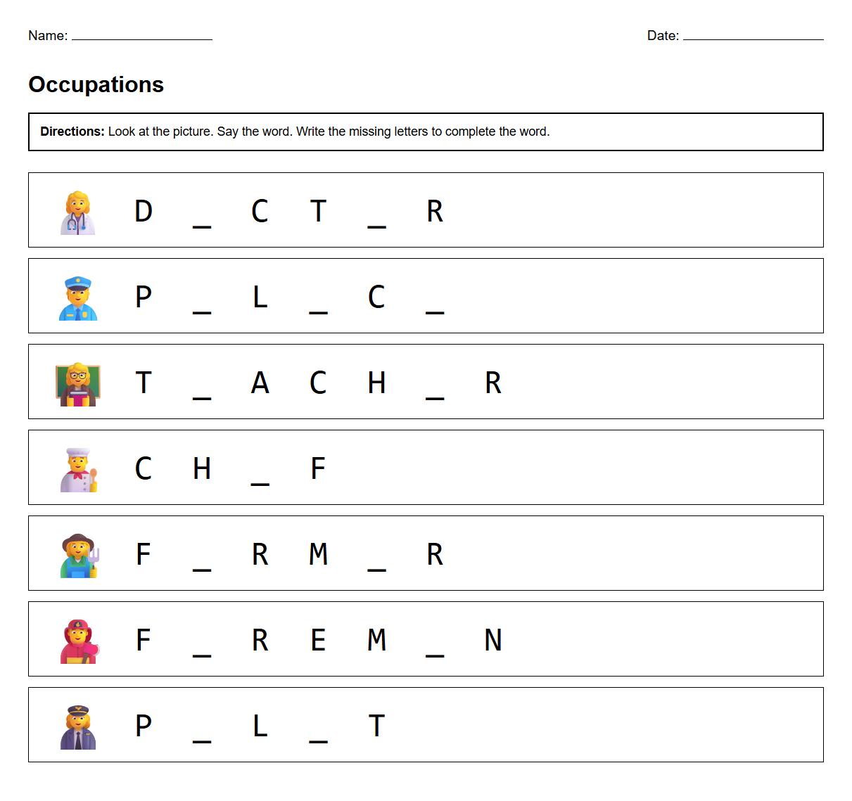Occupations Vocabulary Phonics Blank Spaces Exercise