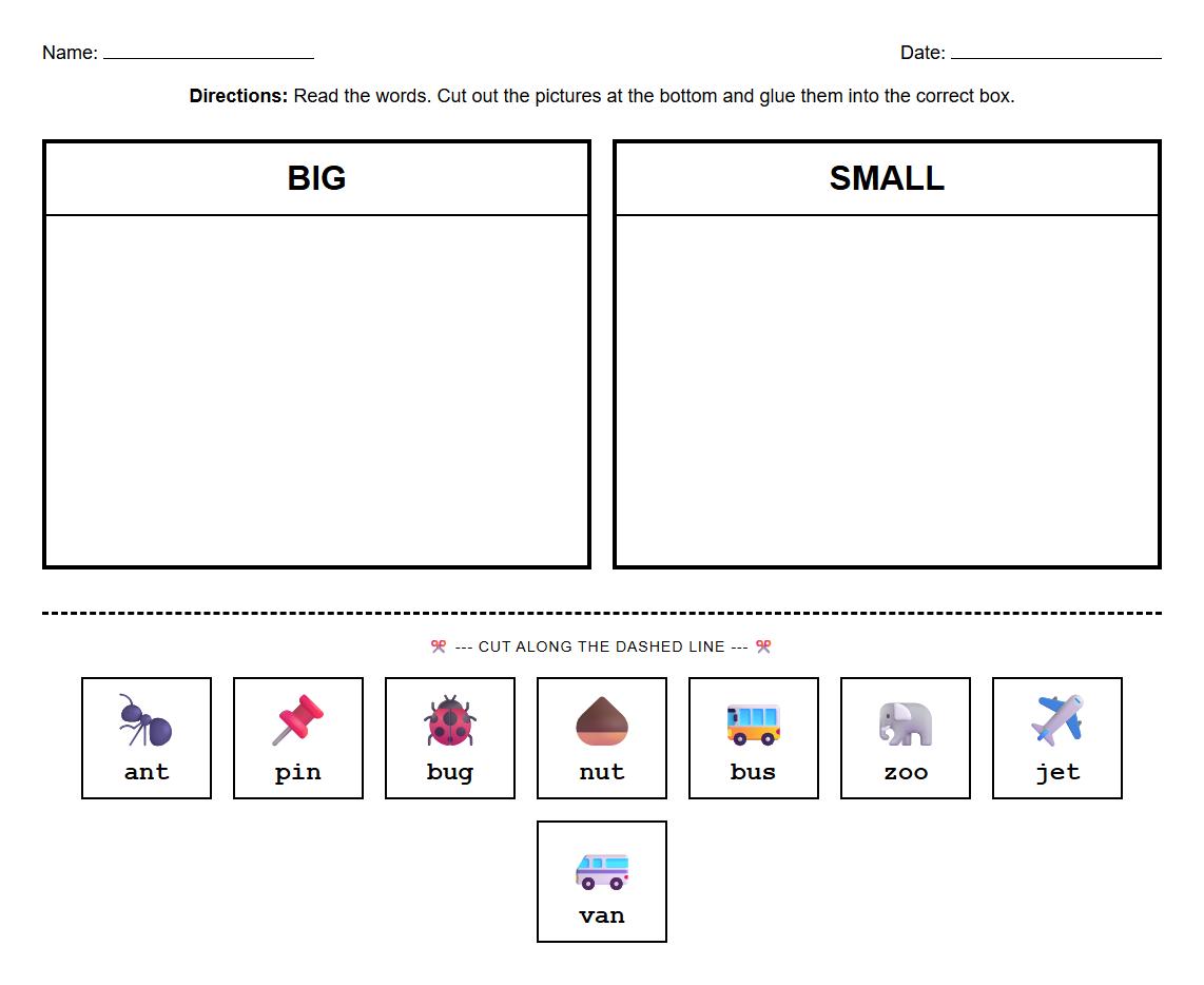 Phonics Based Big Versus Small Word Sorting Worksheet