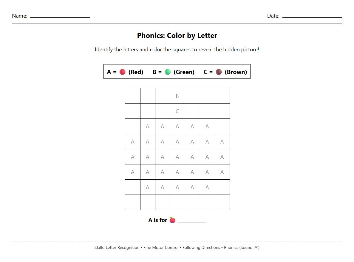 Phonics based Color by Number Worksheets for Letter Recognition