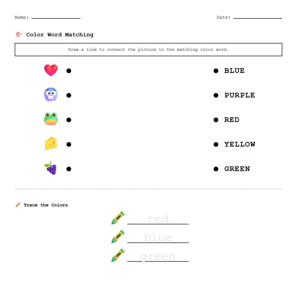 Phonics based color word matching worksheet