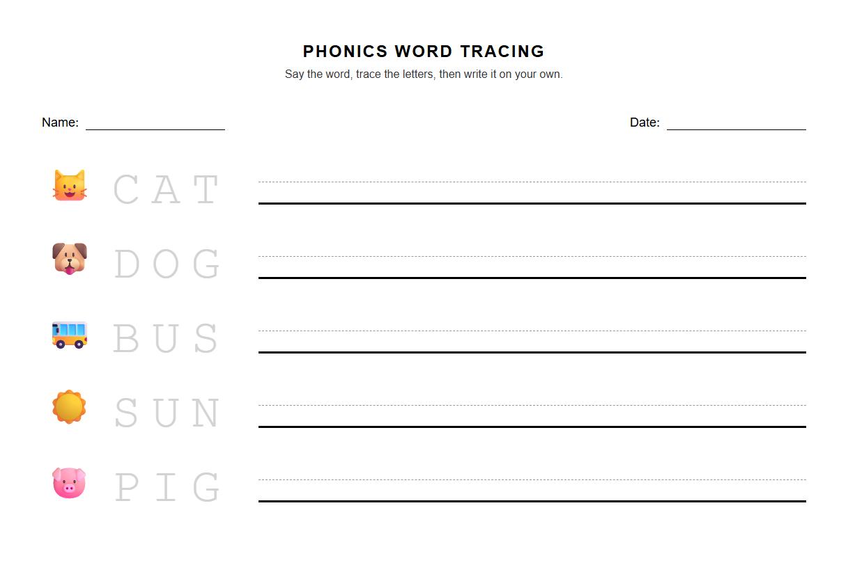 Phonics-Based High-Frequency Word Tracing Worksheet