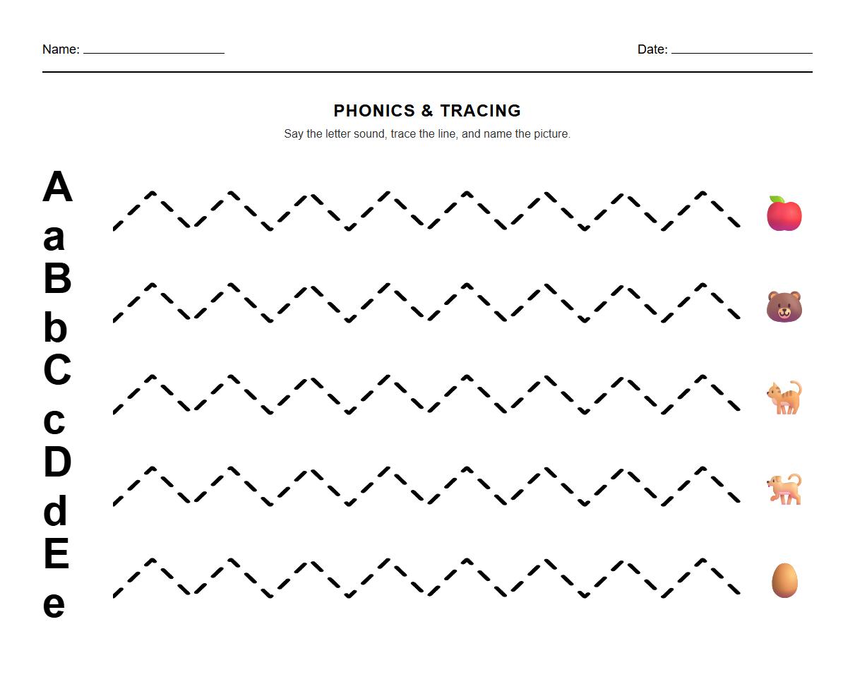 Phonics based zigzag line tracing worksheet