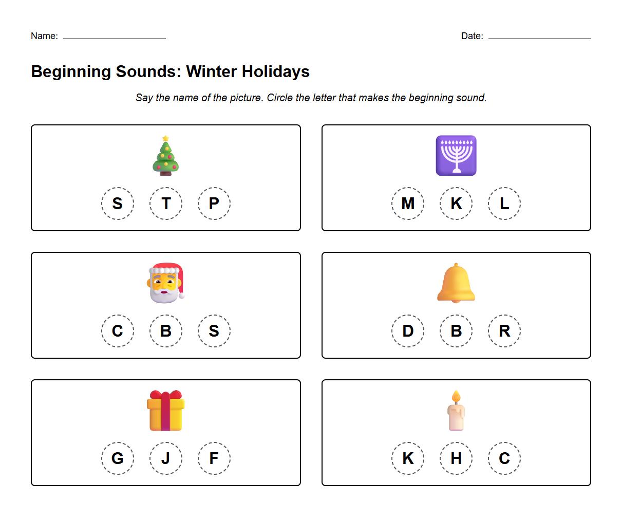 Phonics beginning sound identification using Winter Holidays symbols