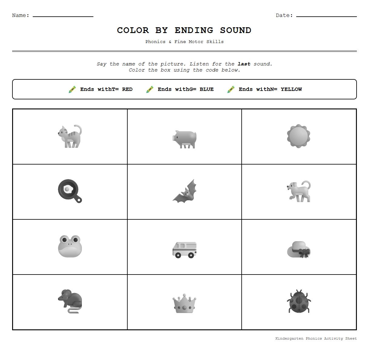 Phonics Color by Ending Sound Code Worksheet