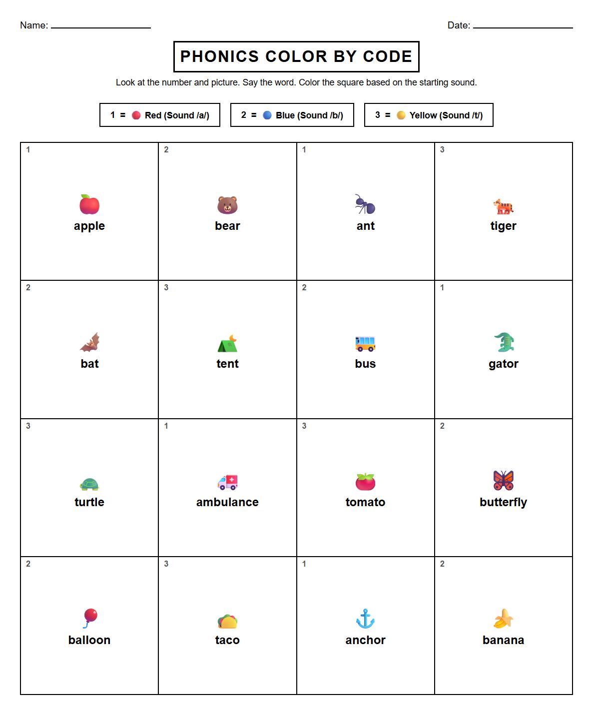Phonics Color by Number Shapes Worksheet
