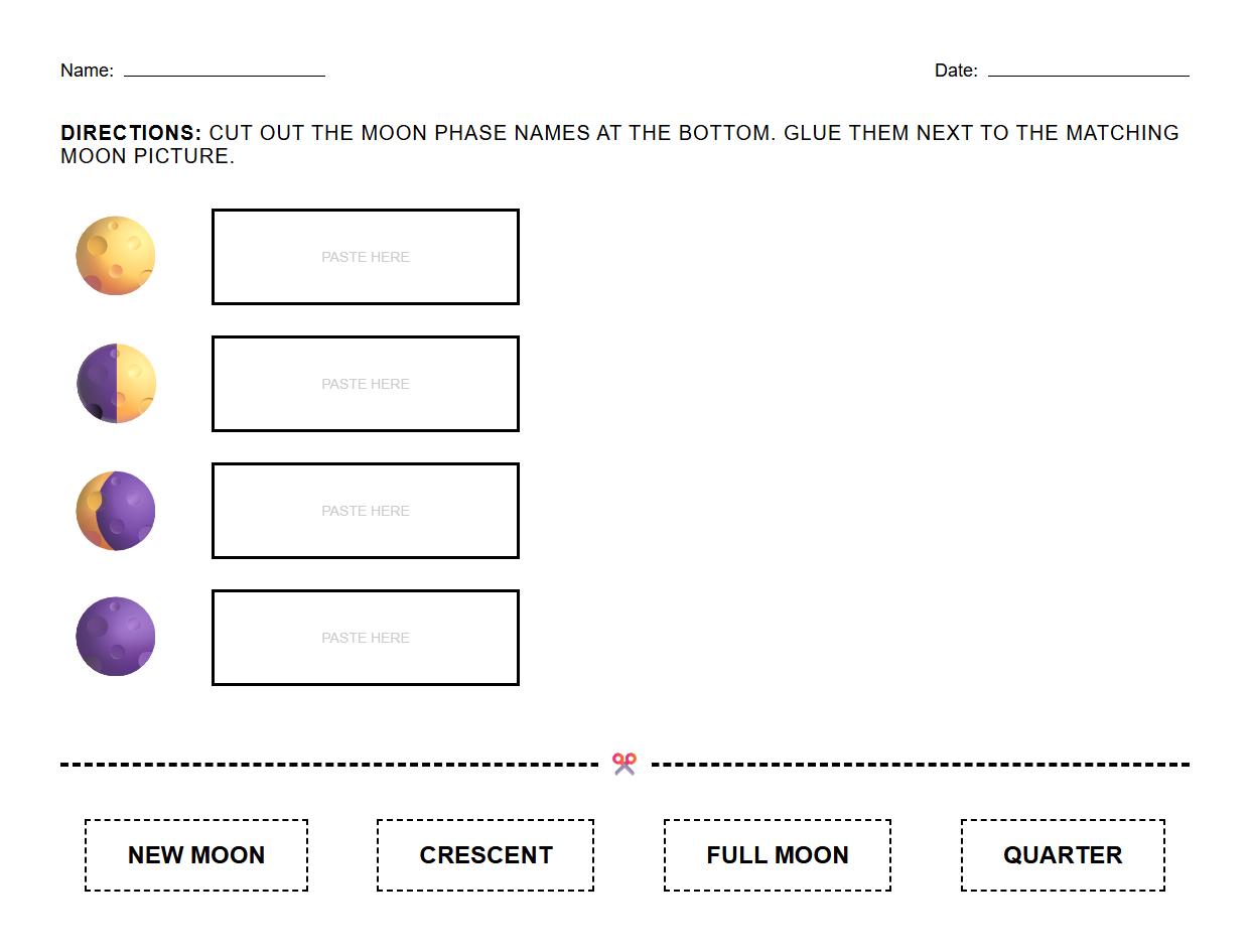 Phonics cut and paste moon phase name to correct image