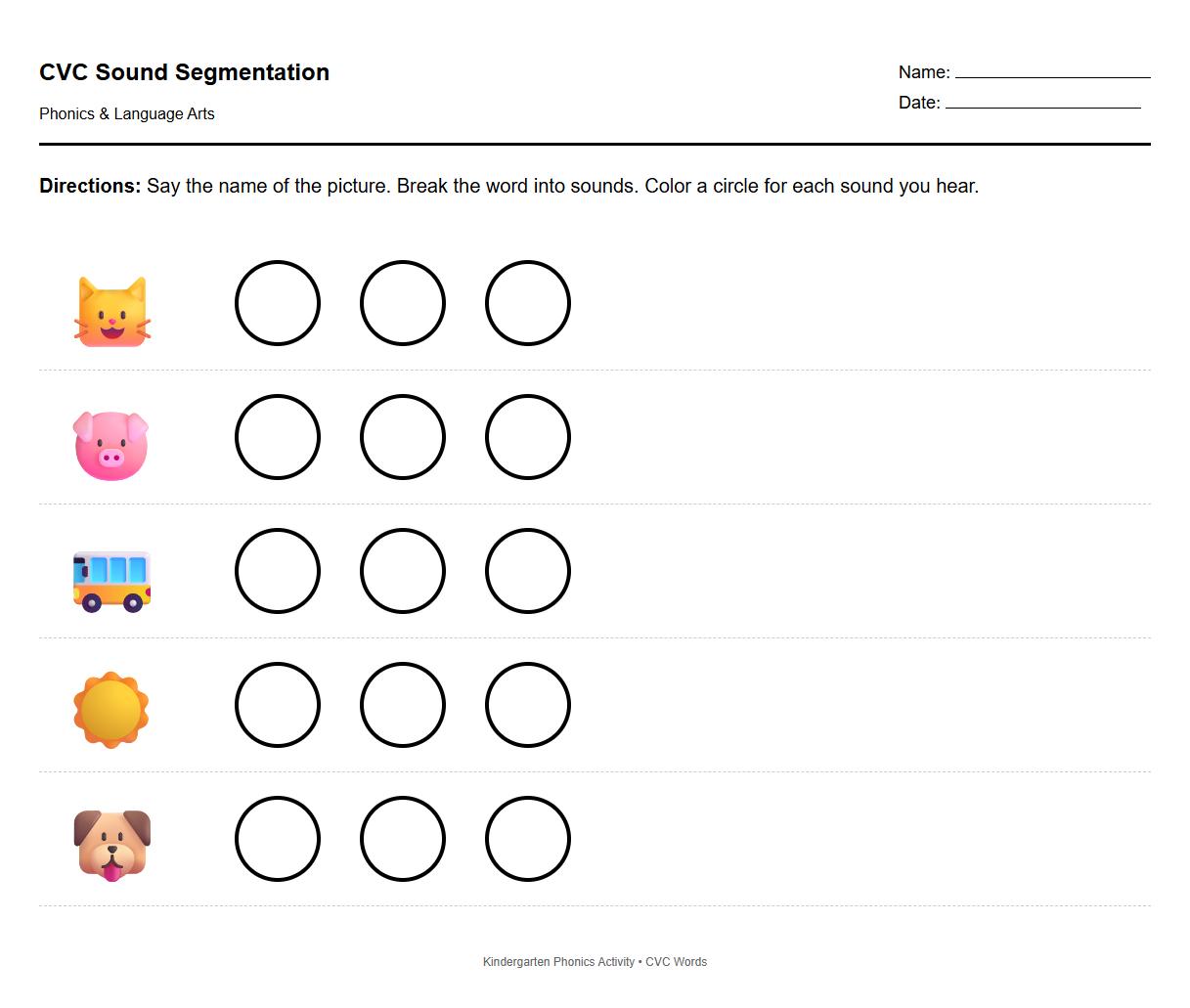 Phonics CVC Words Sound Segmentation Coloring Worksheet