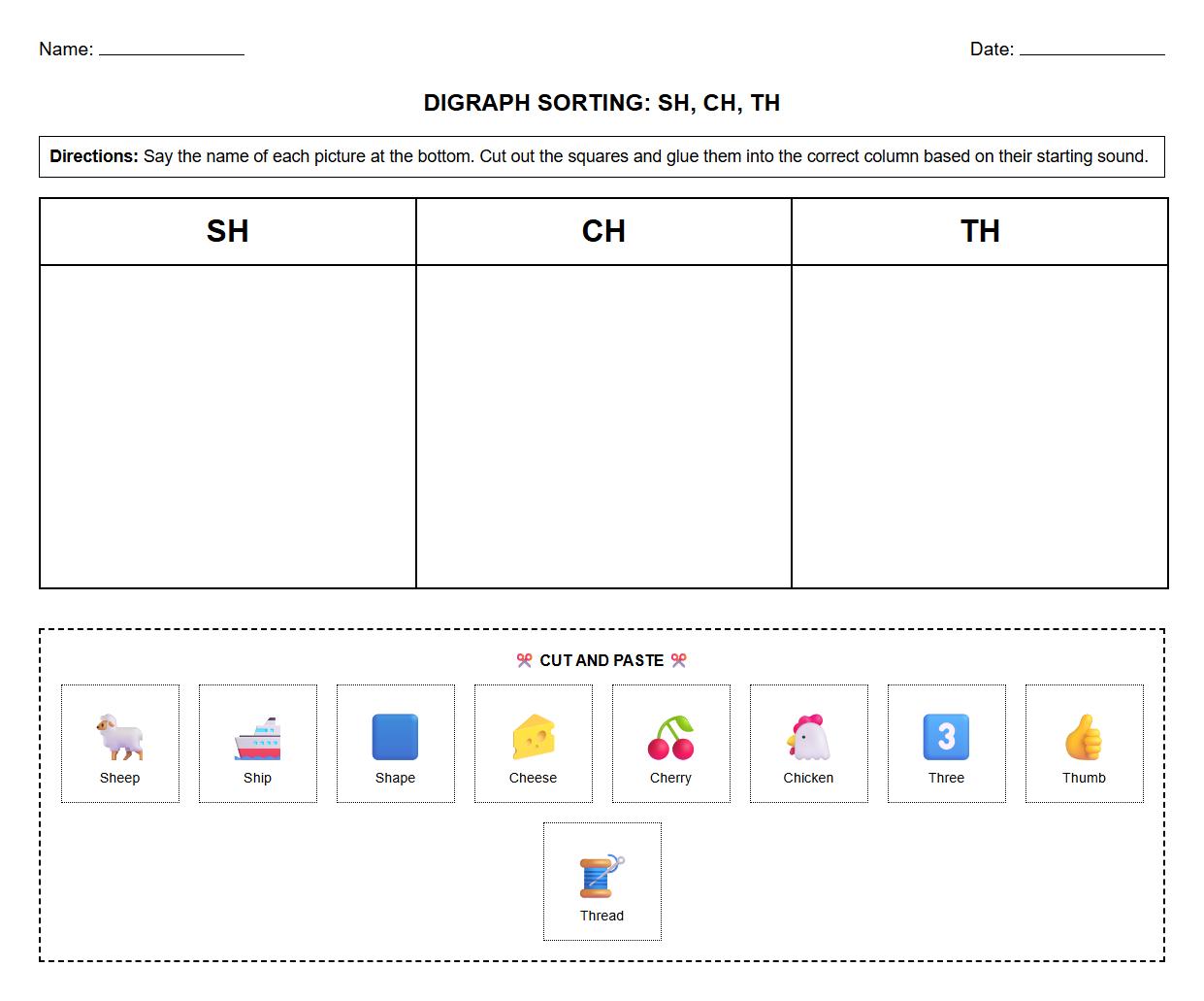 Phonics digraph sound sorting with interactive images