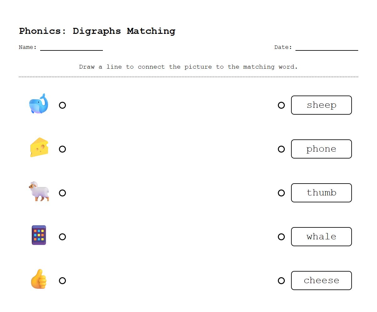 Phonics Digraphs Picture to Word Matching Worksheet