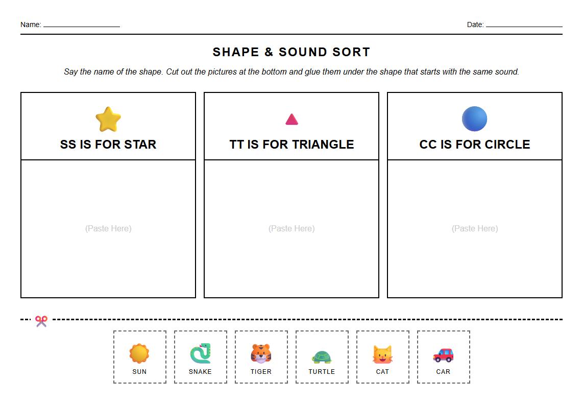 Phonics Focused Shape Sort Worksheet