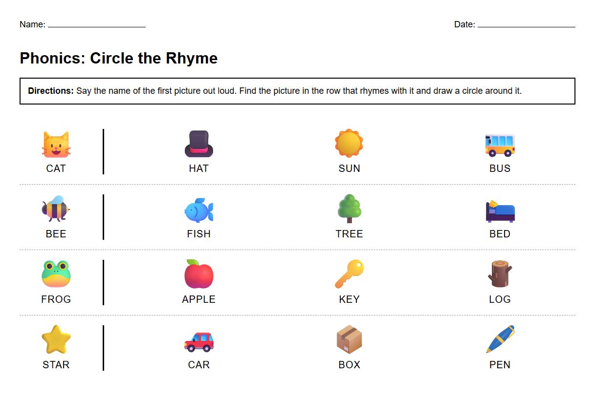 Phonics Identification Circle the Rhyme Activity