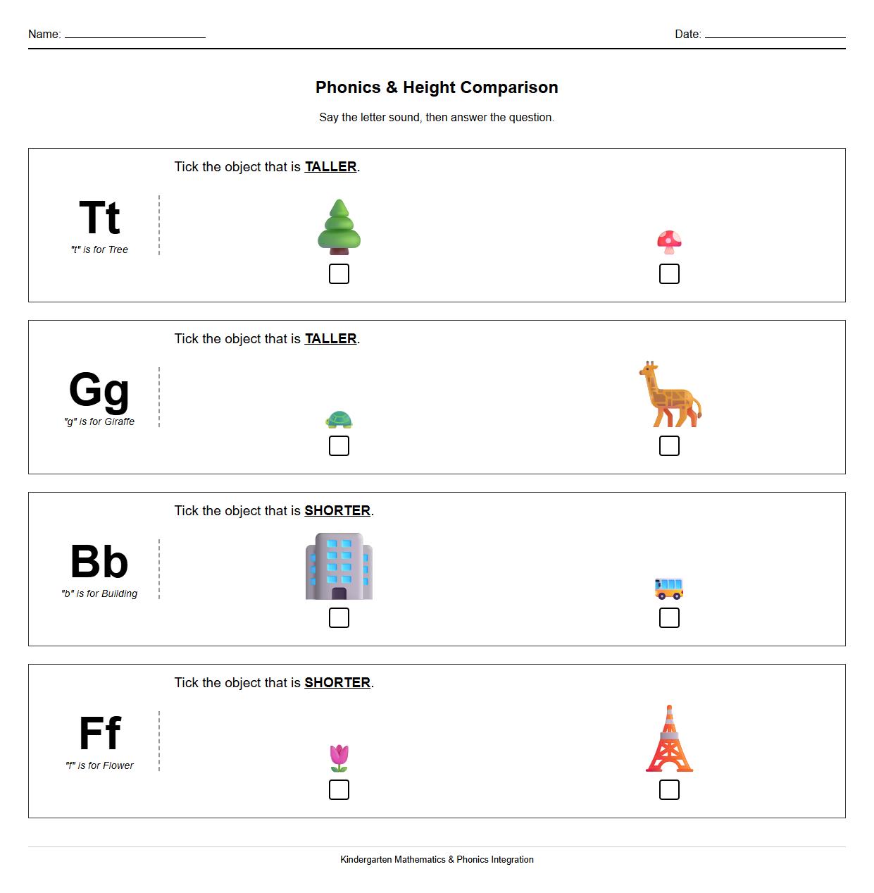 Phonics Integrated Height Comparison Worksheet for Young Children