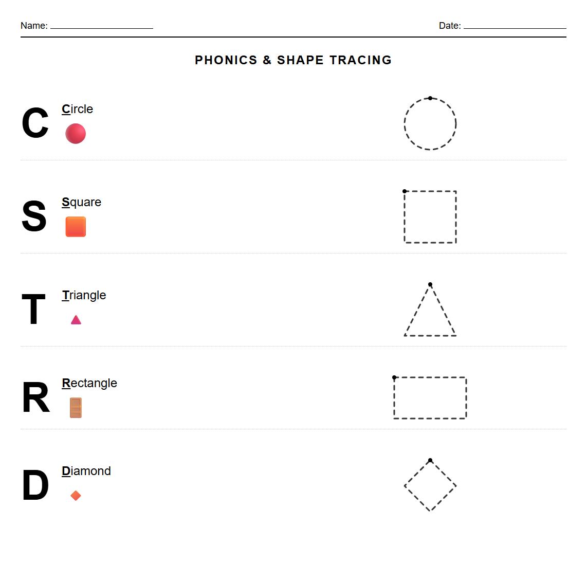 Phonics integrated shape tracing worksheet