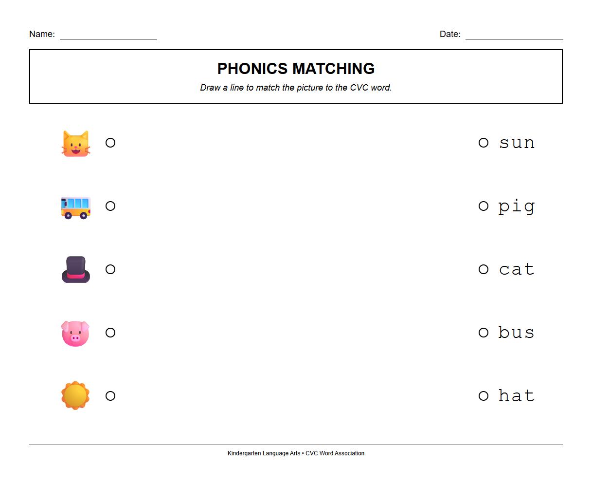 Phonics Matching Worksheet for CVC Word and Picture Association