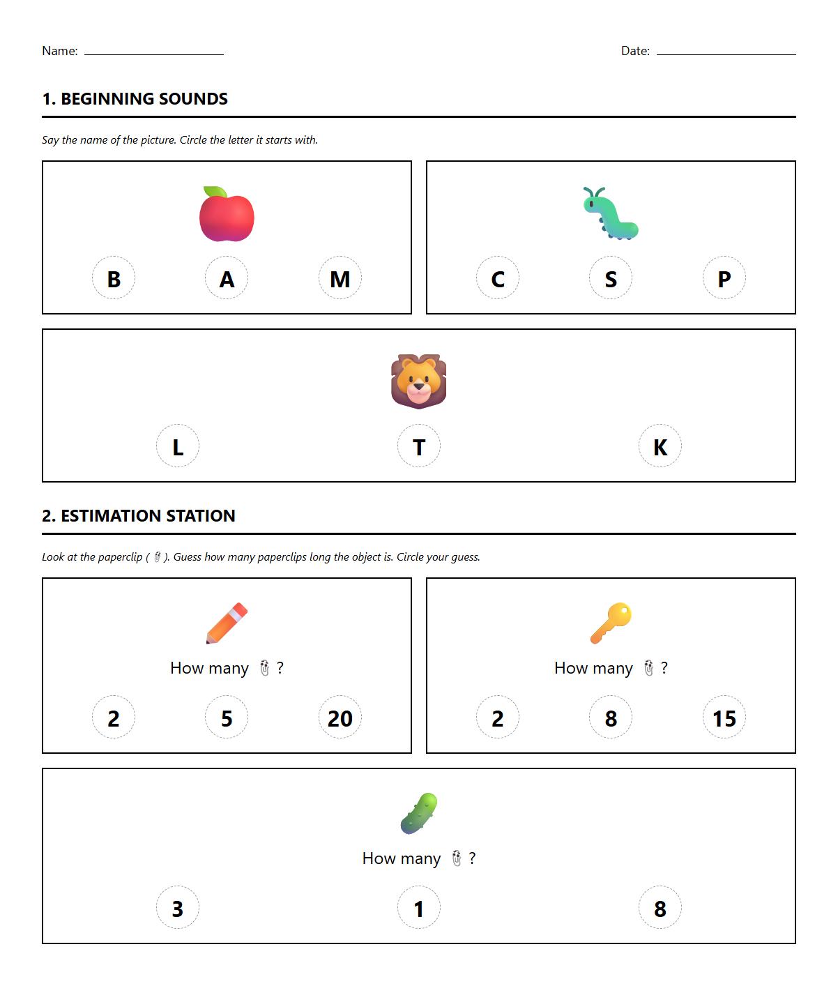 Phonics and Measurement Estimation Skills Worksheet for Kids