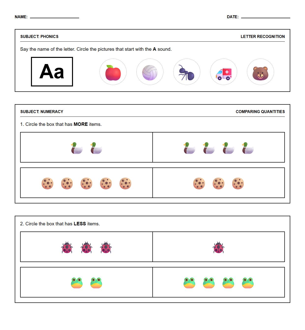 Phonics and Numeracy Worksheet Choosing Which Group Has More or Less