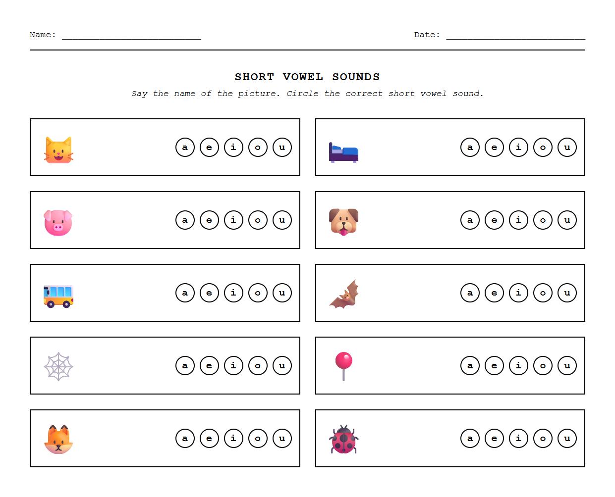 Phonics Picture and Word Short Vowel Identification