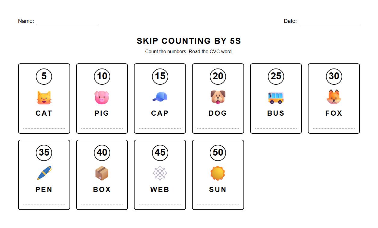 Phonics Skip Counting by 5s with CVC Words Worksheet