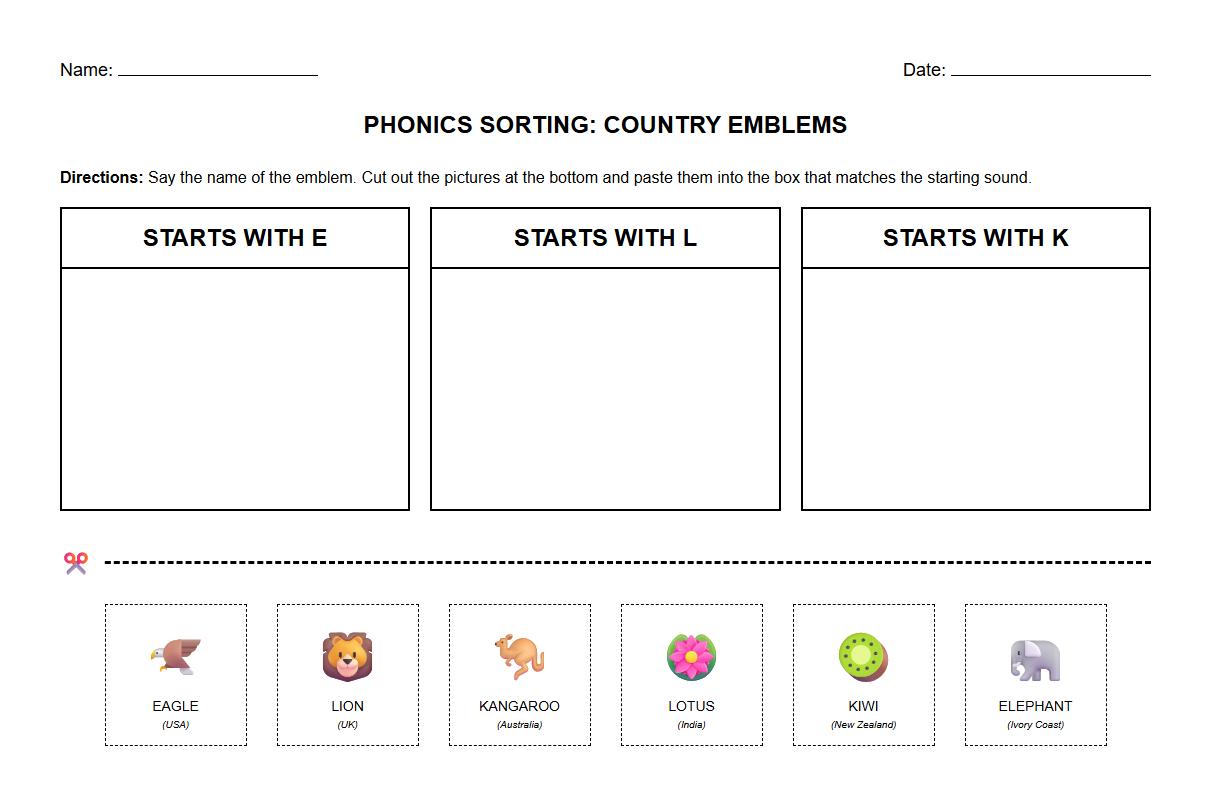 Phonics Sorting with Country Emblems Worksheet