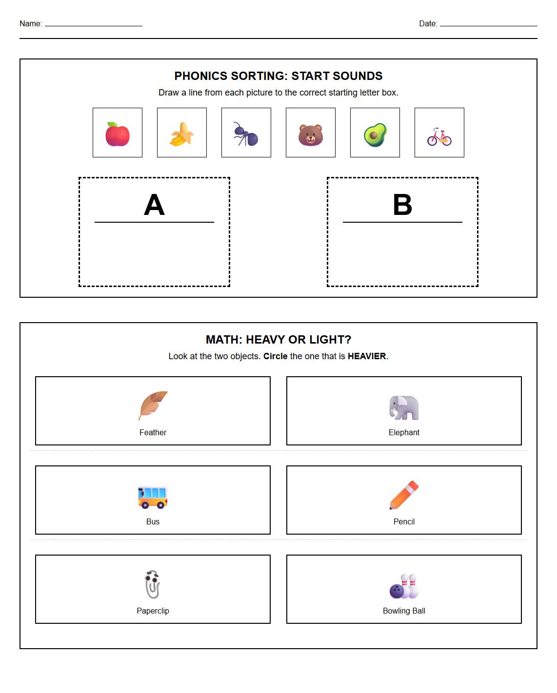 Phonics Sorting Exercise Match Objects by Weight
