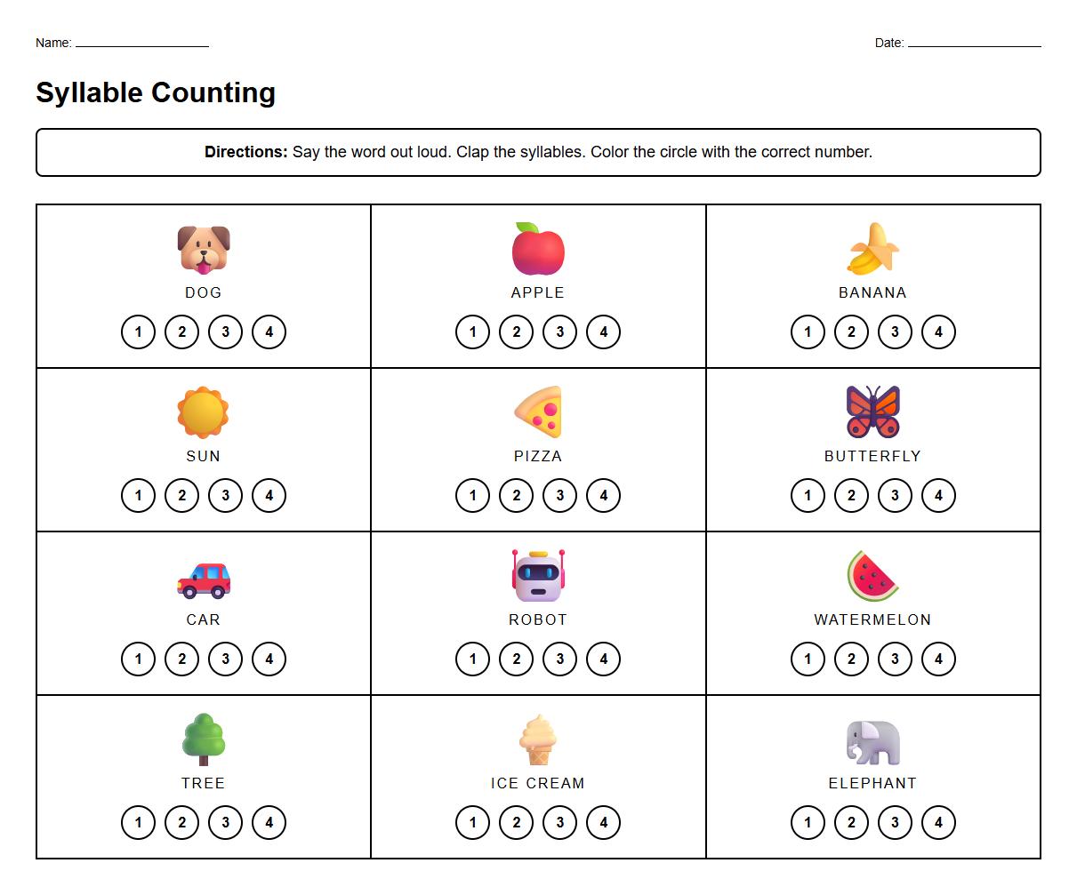 Phonics Syllable Counting with Interactive Color Circles