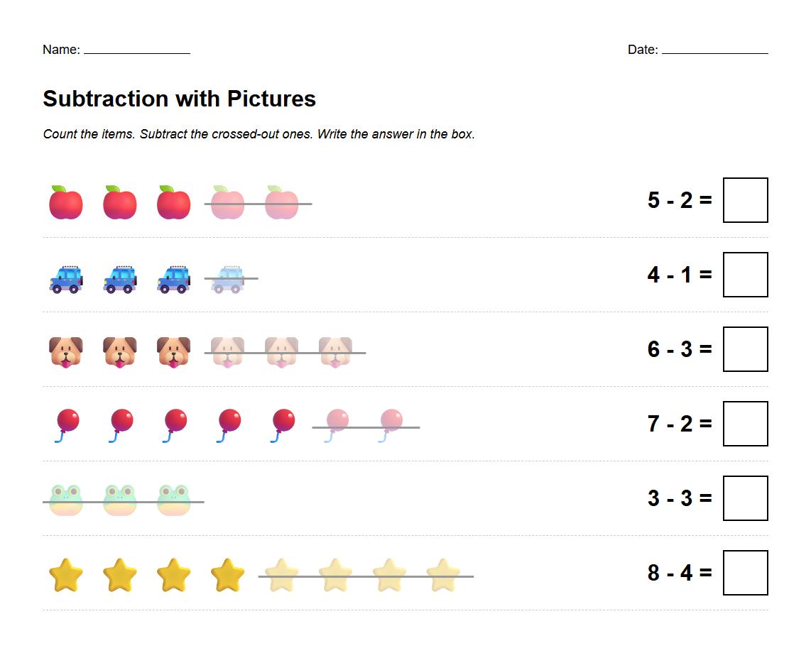 Picture Based Subtraction from Sets Worksheet