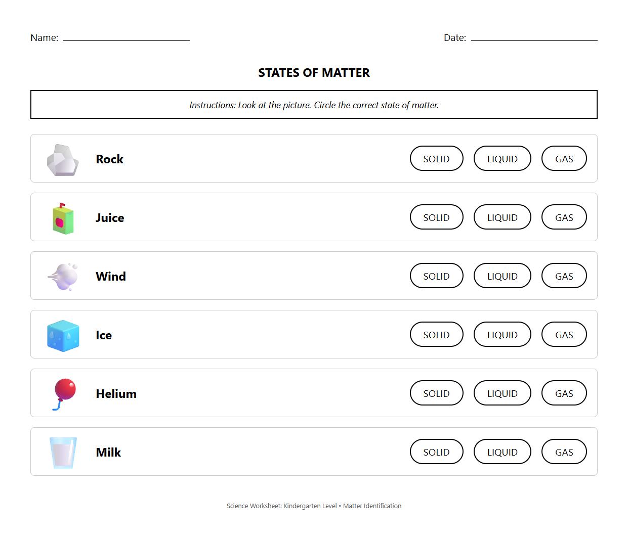 Picture Matching States of Matter Identification Sheet