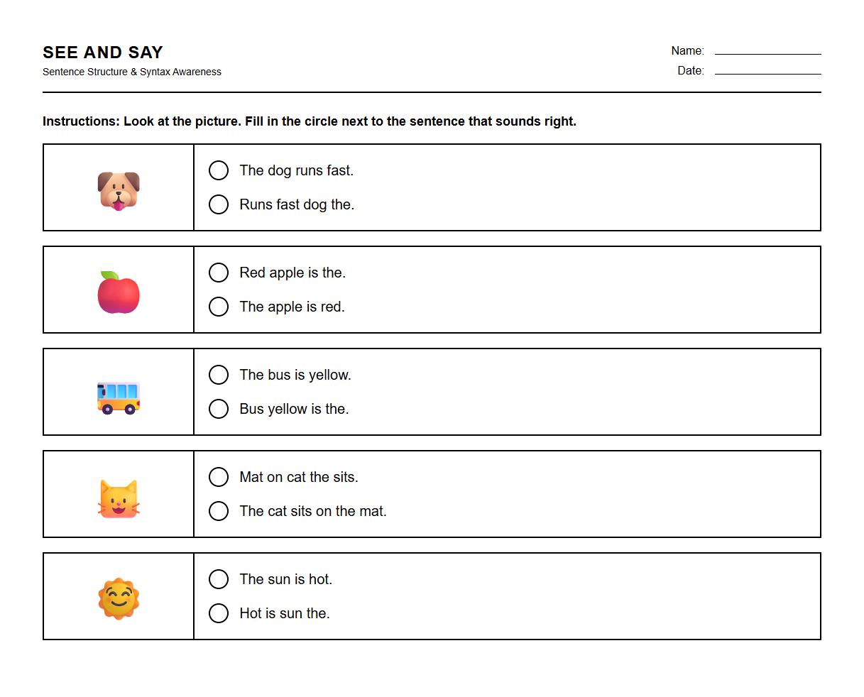 Picture and Sentence Association Worksheet for Syntax Awareness