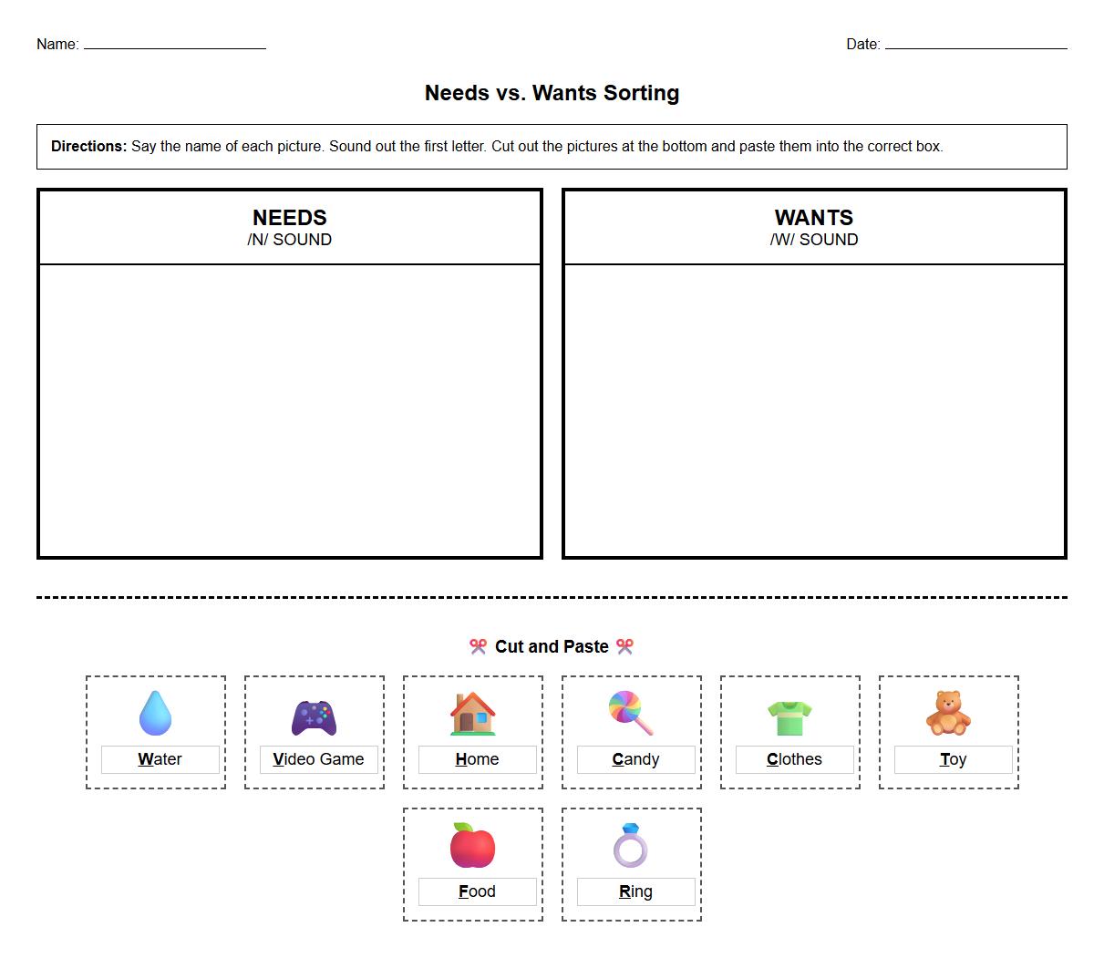 Picture Sorting Worksheet for Needs and Wants using Phonics Sounds