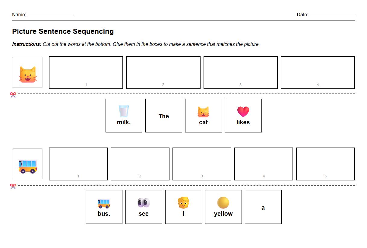 Picture Supported Sentence Sequencing Worksheets