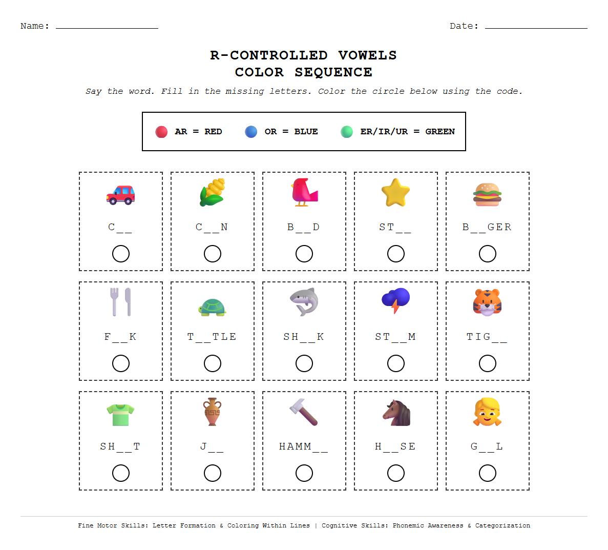 R Controlled Vowels Color Sequence Worksheet