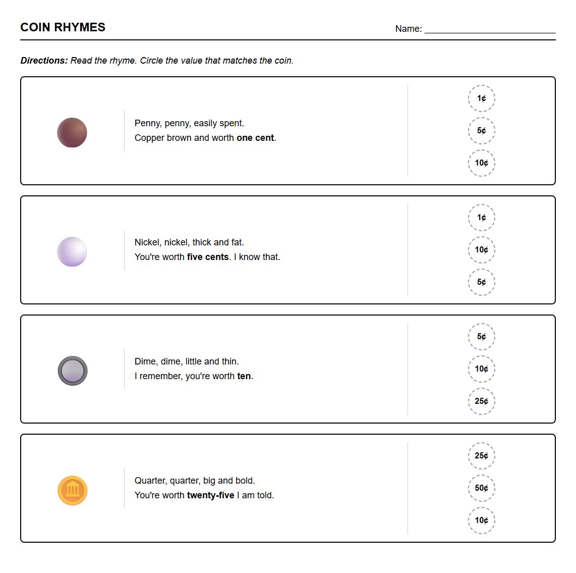 Rhyming Coin Values Worksheet