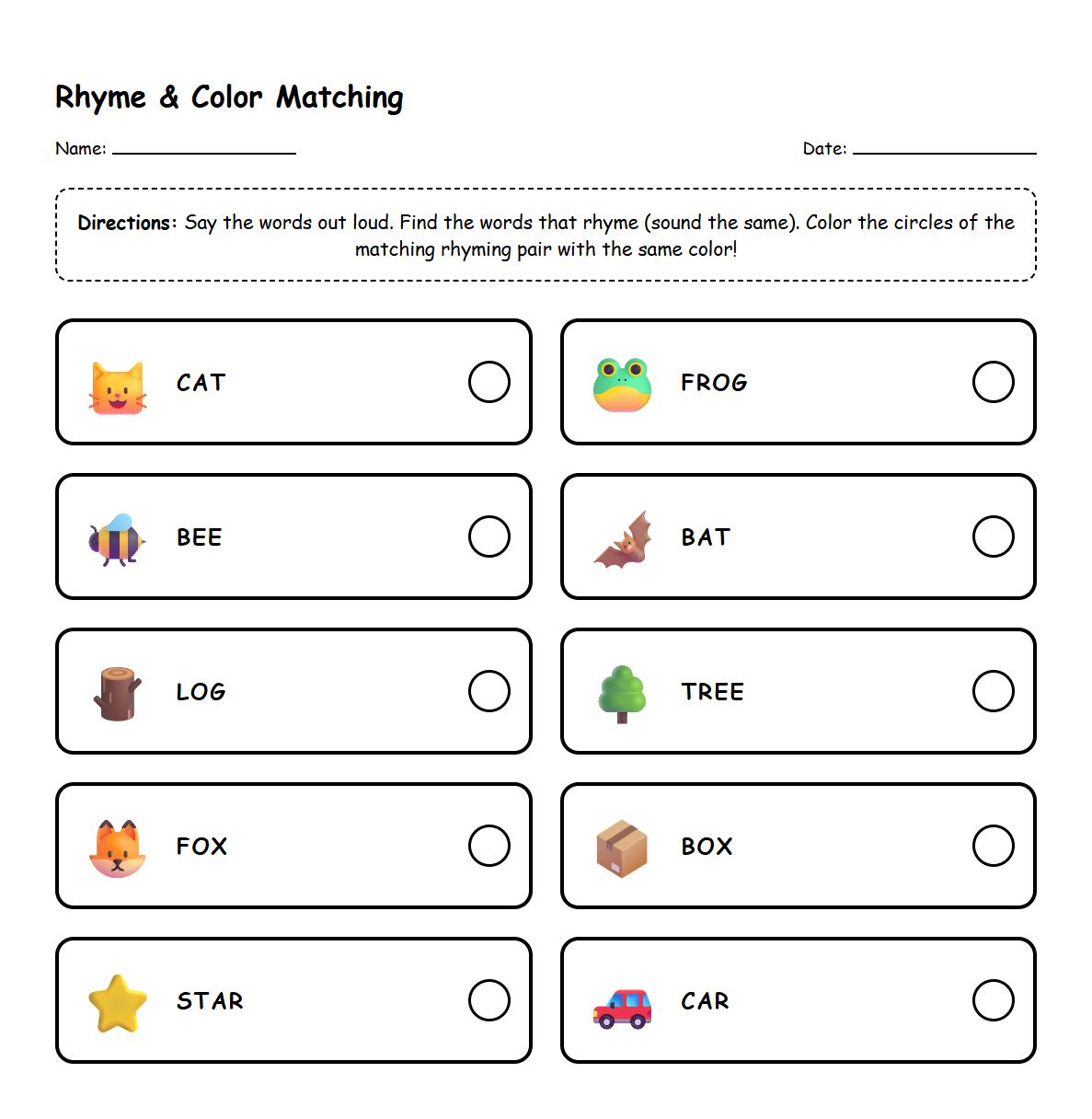 Rhyming Words Color Matching Exercise