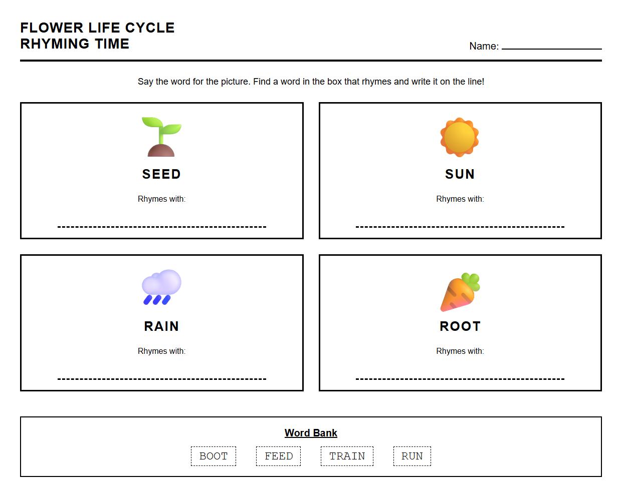 Rhyming Words Labeling Activity for Flower Life Cycle