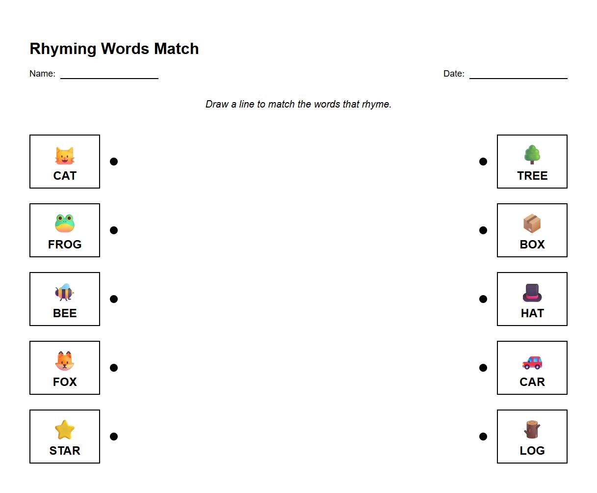 Rhyming Words Match Phonics Worksheet