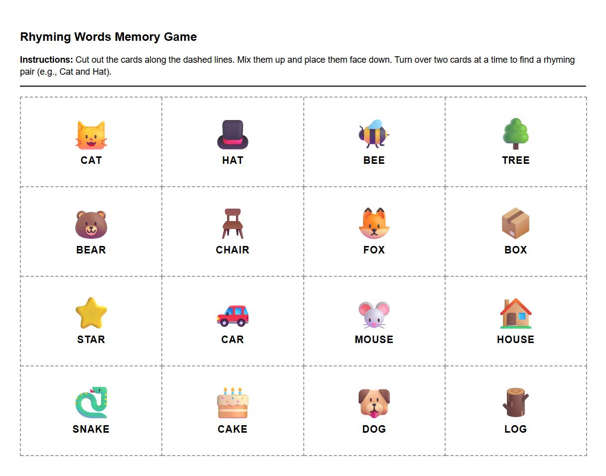 Rhyming Words Memory Game for Early Literacy
