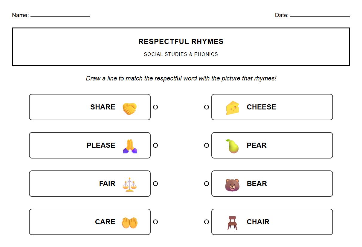 Rhyming Words Phonics Worksheet Focused on Respectful Language