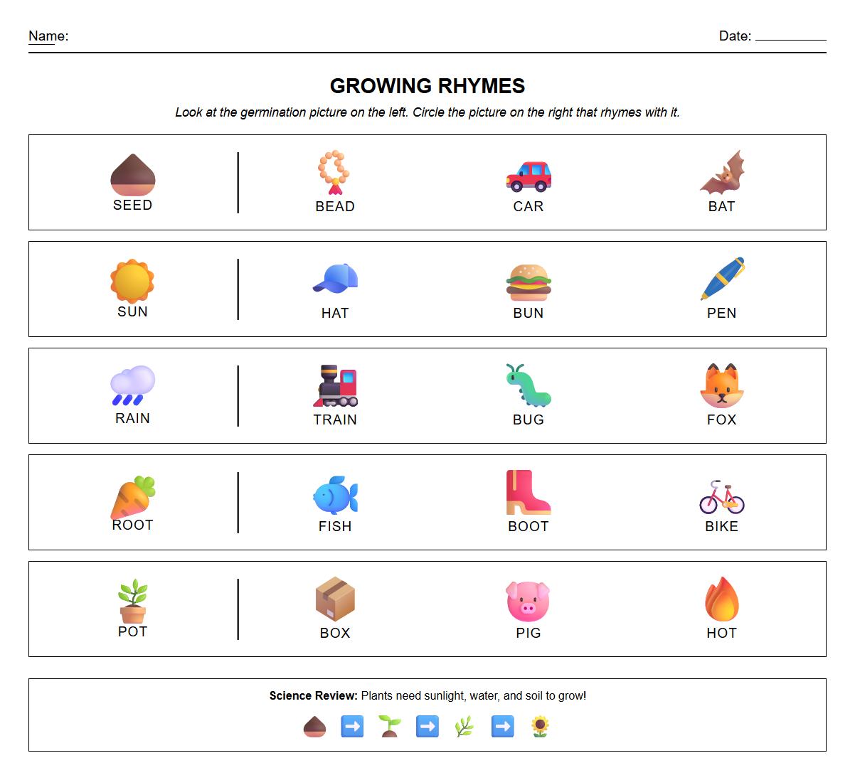 Rhyming Words Phonics Worksheet with Germination Illustrations
