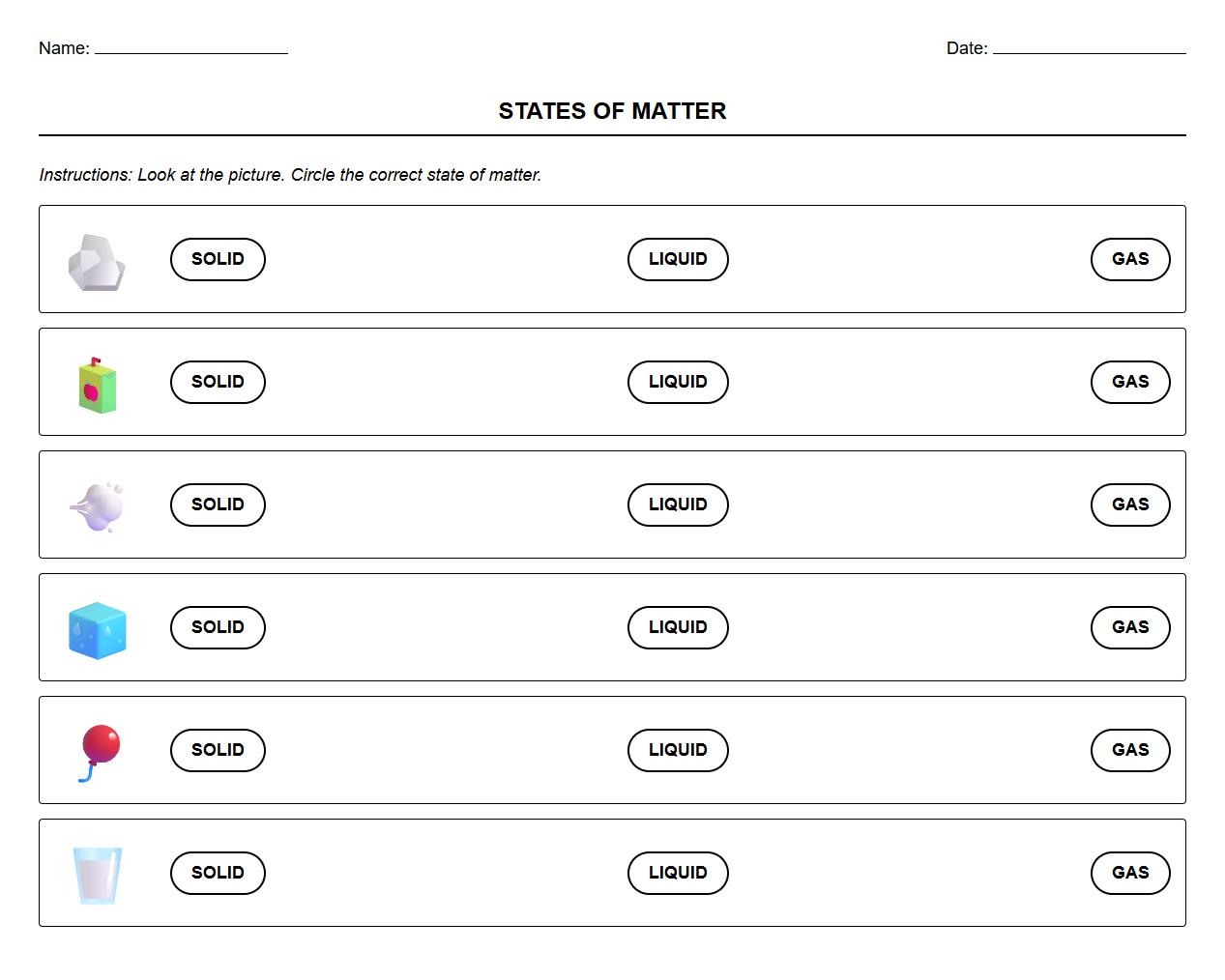 Science reading comprehension worksheet identifying states of matter using pictures