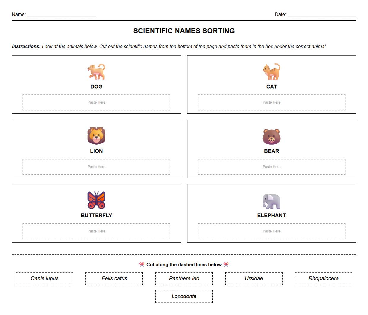 Scientific Names Cut and Paste Sorting Exercise