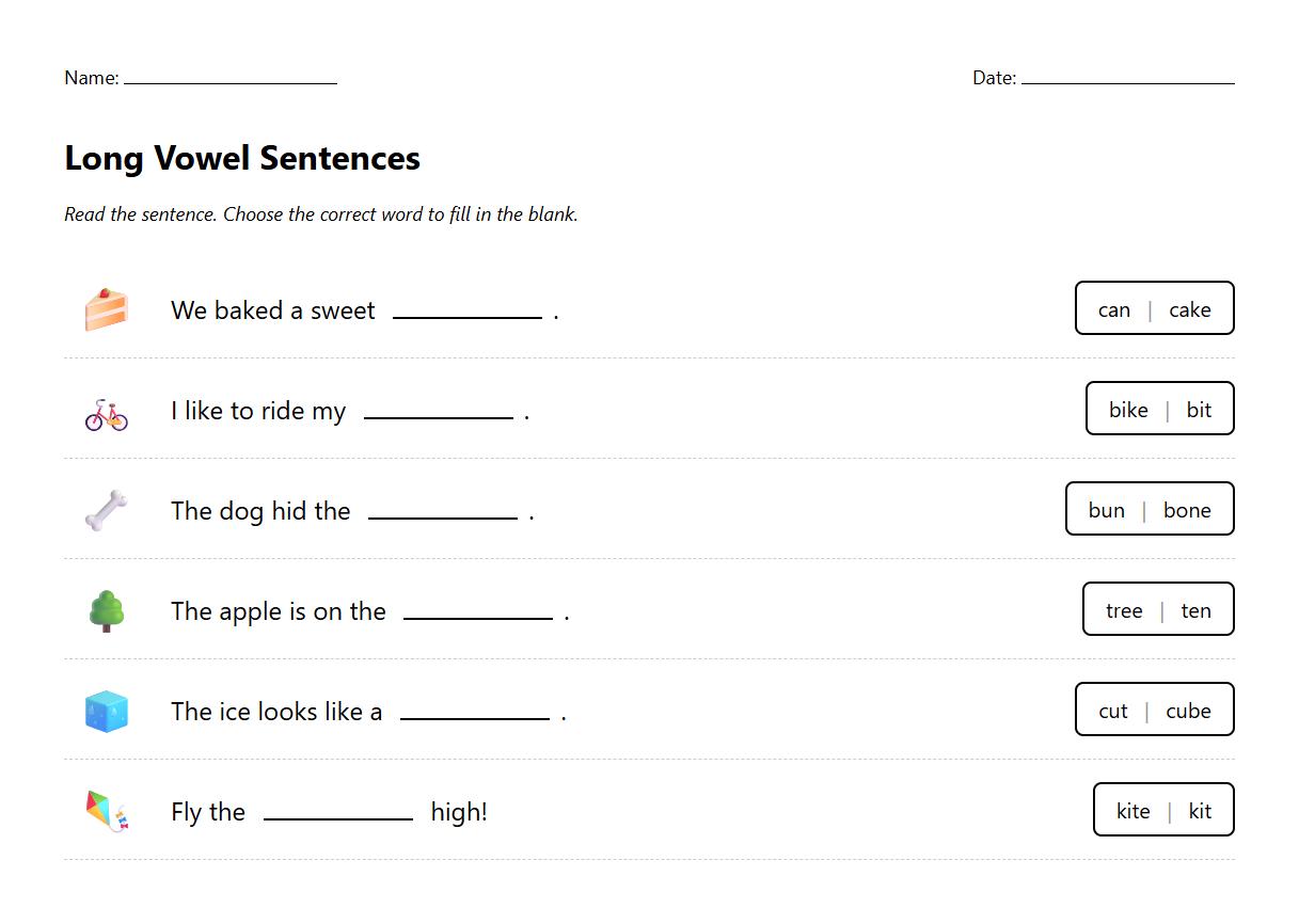 Sentence Completion Worksheets with Long Vowel Patterns