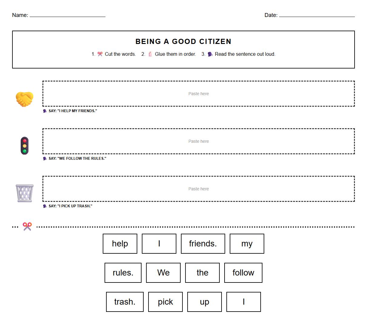 Sentence Formation activity integrating Civics topics and Oral Communication