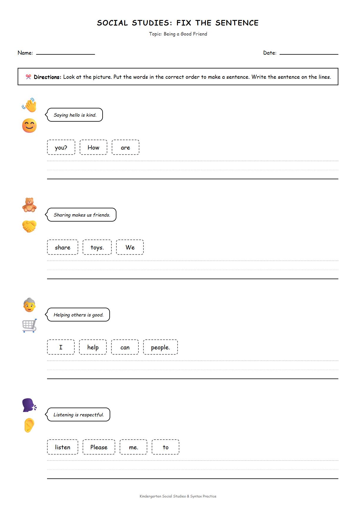 Sentence Reordering Worksheet for Syntax and Dialogue Sequencing