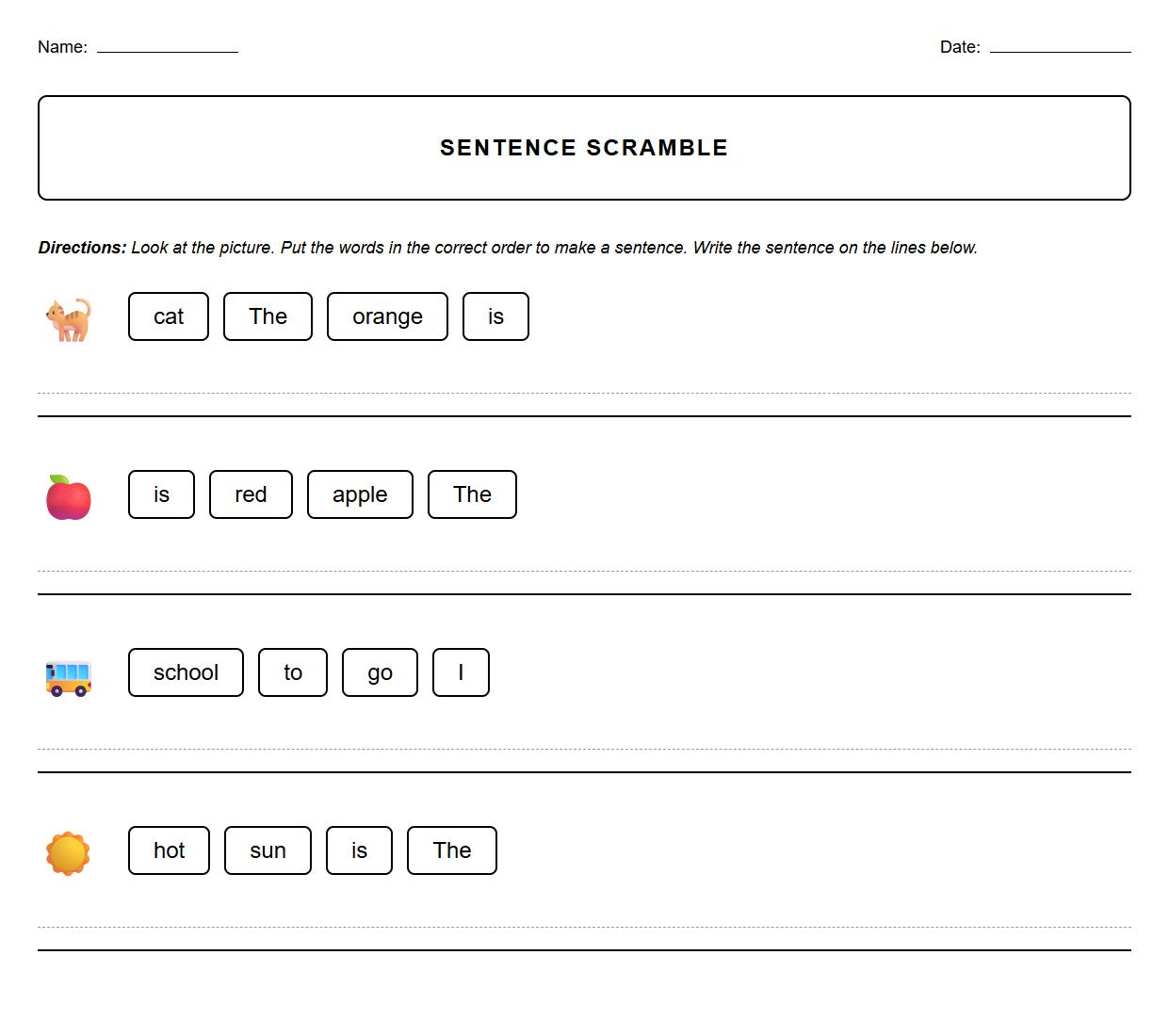 Sentence Scramble Worksheet Focusing on Syntax Practice