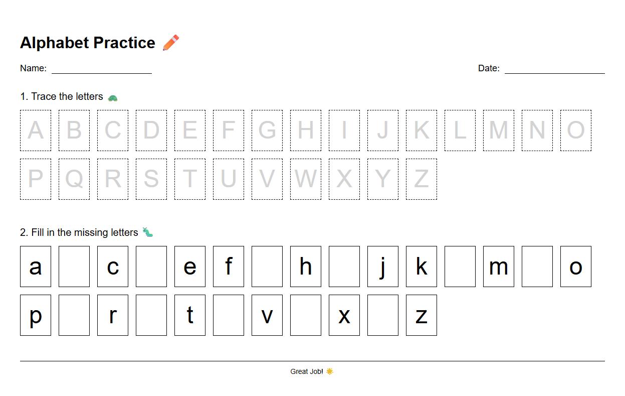 Sequential Alphabet Order Tracing and Recognition Worksheet