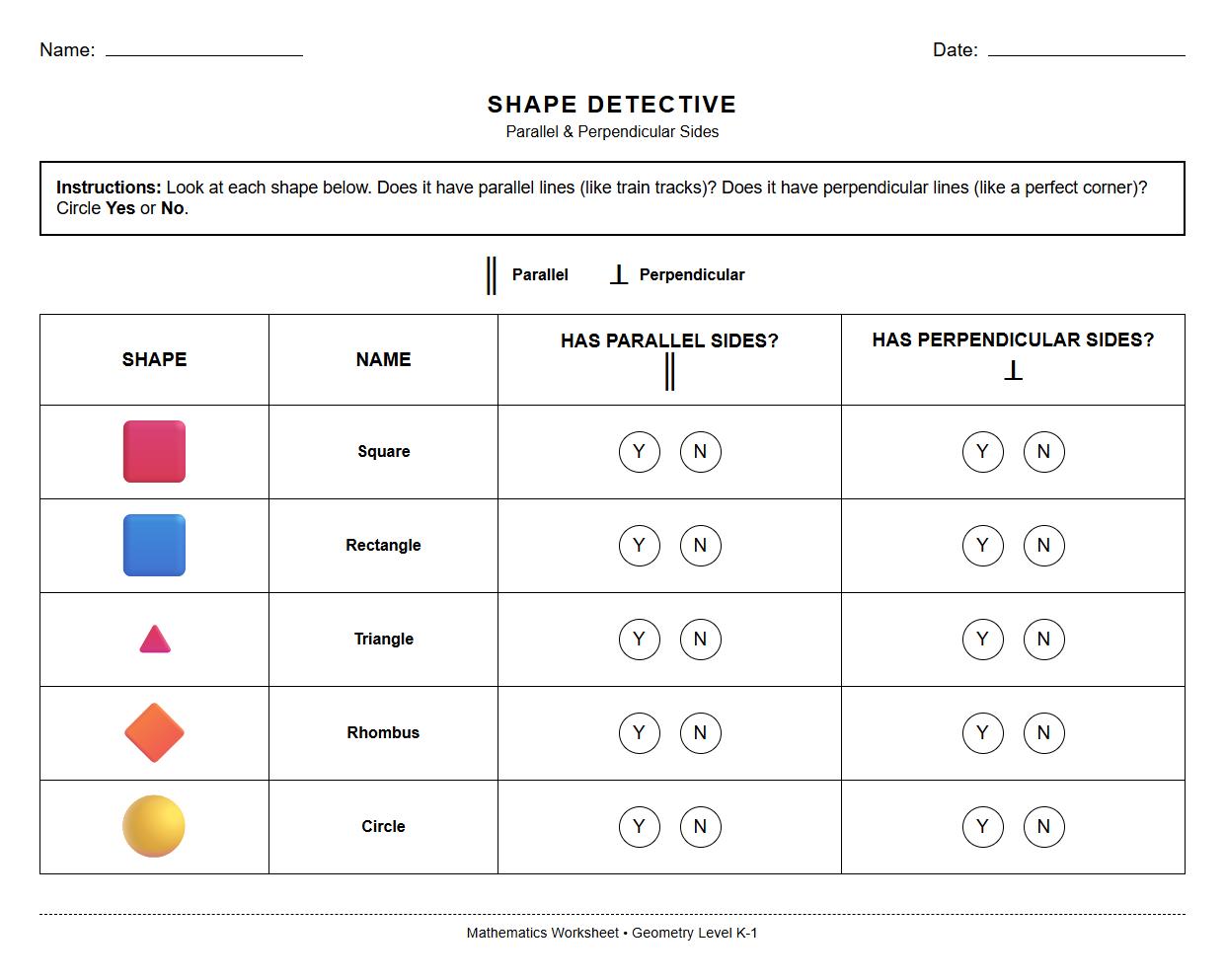 Shape Attributes Comparison Semantic Worksheet for Parallel and Perpendicular Sides Detection